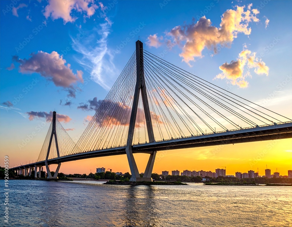 Obraz premium Stunning Cable-Stayed Bridge Spanning River at Sunset with Beautiful Sky.