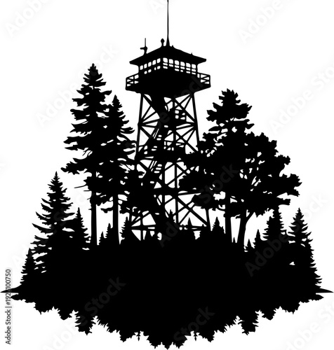 Fire Lookout Tower Silhouette in Forest Scenery Illustration