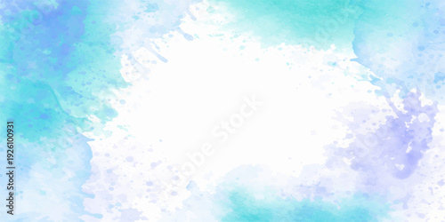 An abstract blue watercolor background blends soft white clouds and summer sunlight to capture the beauty of a bright day in a clear nature landscape