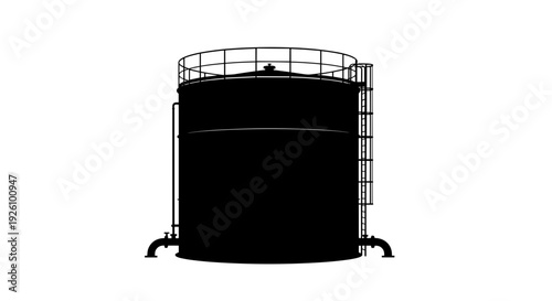 Industrial black storage tank with ladder and railing on top isolated on white background heavy industry concept