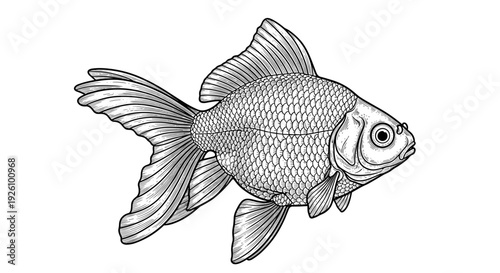 Elegant goldfish illustration in detailed black and white sketch emphasizing scales and fins isolated on white