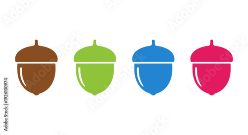 Four stylized acorns in a row each a different vibrant color brown green blue and pink against a clean white background