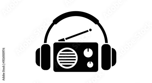 Black and white illustration of a vintage radio with headphones and antenna.