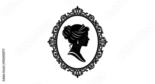 Elegant silhouette profile of a woman with elaborate hairstyle in ornate oval frame vintage decorative vector art