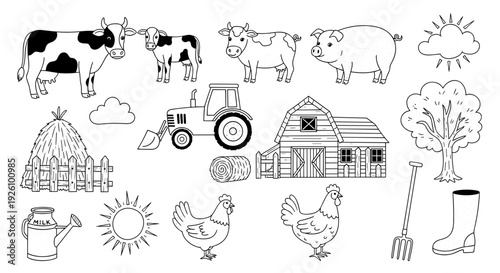 Whimsical hand drawn farm scene collection barn tractor livestock and rural elements in a charming sketch style