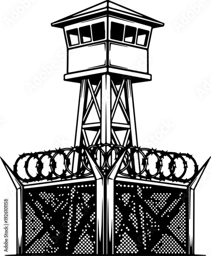 Black and White Guard Tower Vector Illustration silhouette