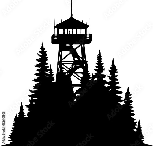 Fire Lookout Tower Silhouette in Forest Scenery Illustration