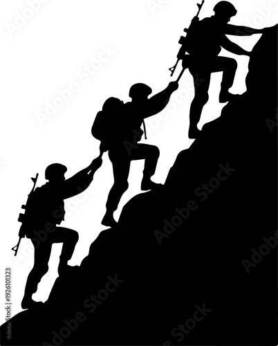 Mountain Climbers Helping Each Other Silhouette Vector