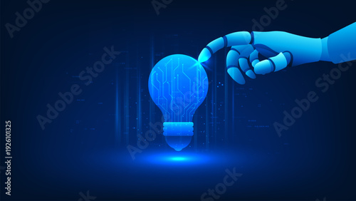 Artificial intelligence technology background featuring a light bulb with digital circuit patterns inside, touched by a robotic hand, symbolizing AI innovation, smart ideas, automation, digital