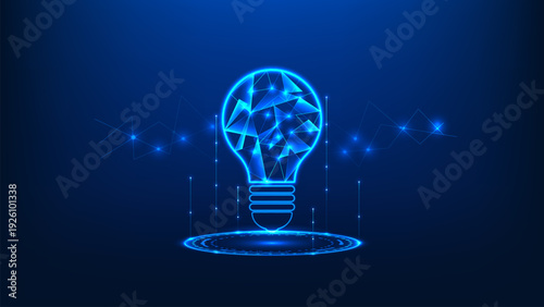 Technology background featuring a glowing light bulb inside a high-tech circular interface, symbolizing innovation, smart ideas, digital solutions, creativity, research development, future advancement
