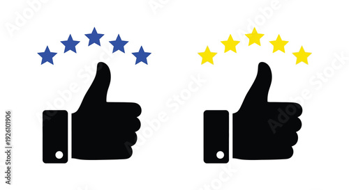 Two vector graphic thumbs-up illustration icons showing five blue and yellow stars for customer satisfaction and positive feedback rating.
