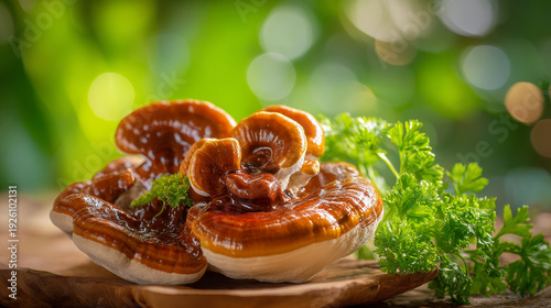 Glossy Reishi Mushrooms with Fresh Parsley on a Wooden Board