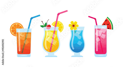 Vibrant vector illustration set of four colorful iced summer cocktails perfect for tropical refreshment