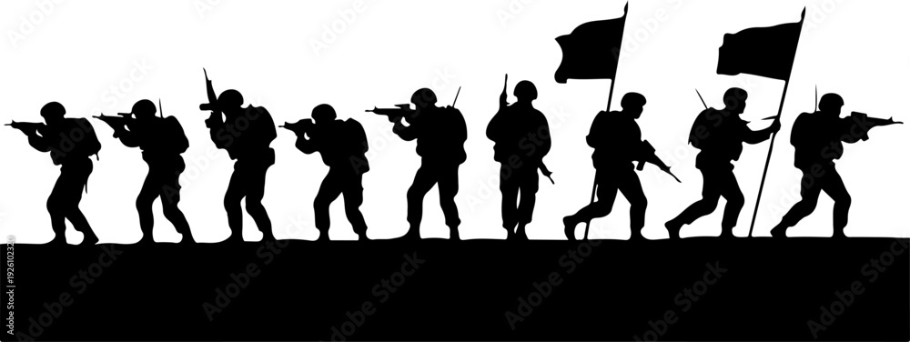 Fototapeta premium Silhouette Soldiers Marching with Flag Silhouette 