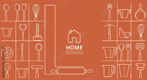 Home Goods Kitchenware Collection. Cooking Utensils Line Art. Minimalist Design.