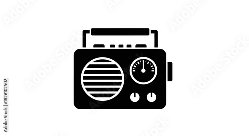 Simple black and white retro radio icon with dial and controls.