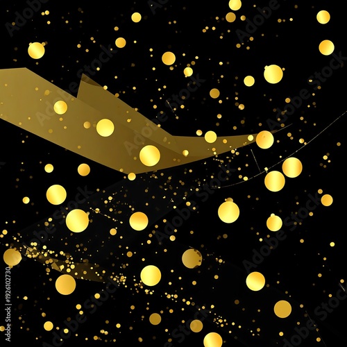 A dark background with scattered gold dots and a large gold shape
