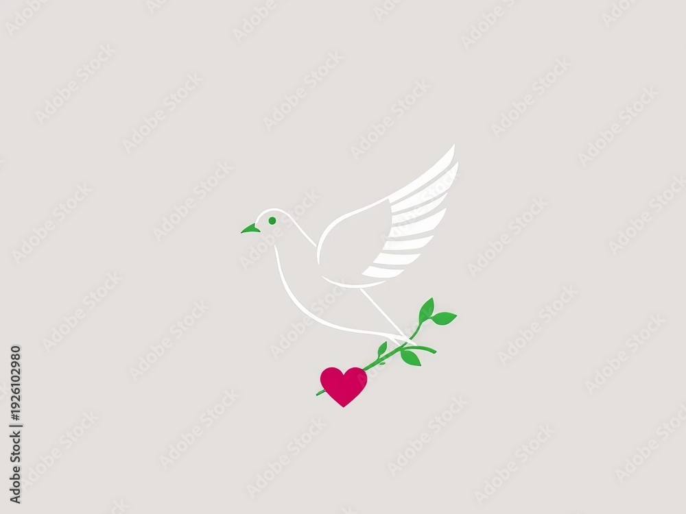 Obraz premium Minimalist dove of peace, no war symbol, heart, green sprig, line art, plant, sprig
