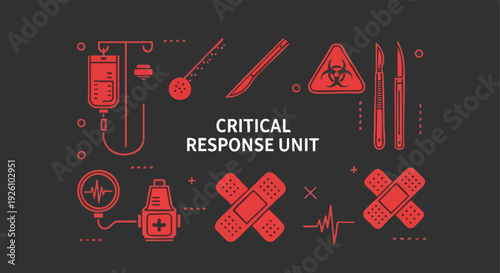 Critical Response Unit. Medical Icons. Healthcare Concept. Red and Black. Illustration.