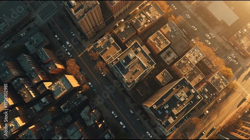 Aerial View of Cityscape at Sunset.