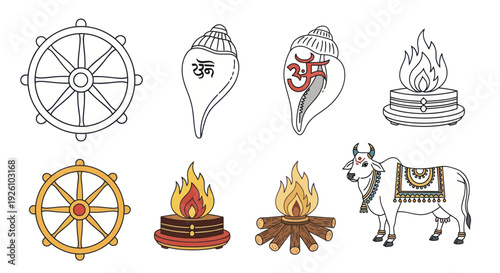 Hindu Religious Symbols: Dharma Chakra, Shankh, Agni, and Sacred Cow