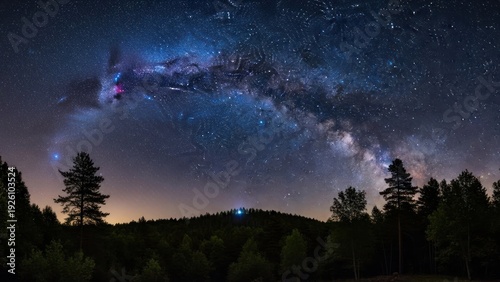Stunning Milky Way Galaxy Arching Over Forested Hills at Night.
