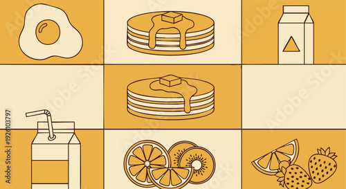 Breakfast Food Collage. Doodle Style. Flat Design. Hand-drawn Elements. Isolated on Yellow.