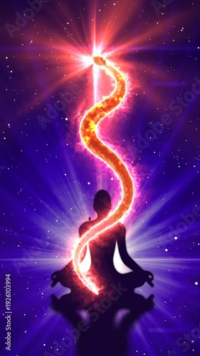Silhouette of a meditating person with a kundalini snake background