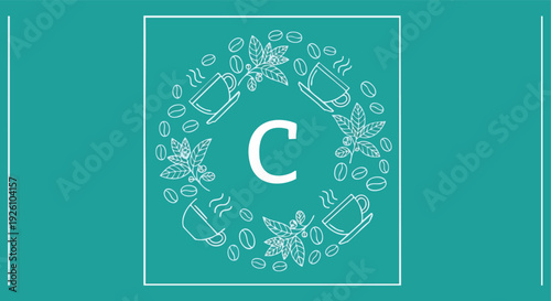 Coffee cup and beans wreath. Letter C. Cafe logo.