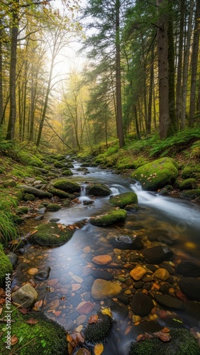 Sunlight filtering through a vibrant autumn forest with a flowing stream.
