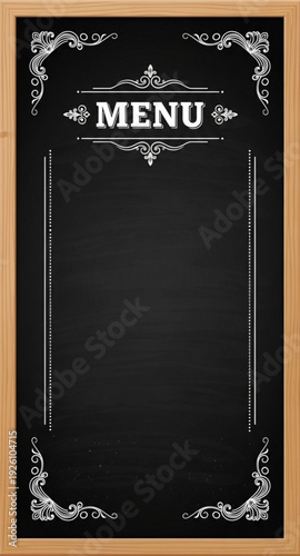 Classic Chalkboard Menu Template Design with Wooden Frame and Vintage Ornaments