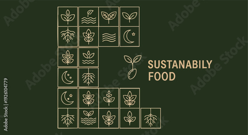 Sustainable Food Concept. Seedling Sprout, Leaves, Water, Moon, Roots Icons.