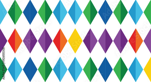 Colorful diamond pattern repeats across a bright white background