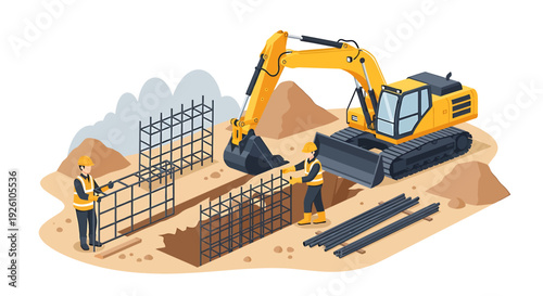 Construction site with excavator and workers building foundation.