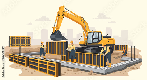 Construction Site With Excavator And Workers Building Foundation.