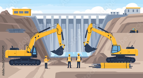 Construction excavators work on a dam project with workers overseeing.