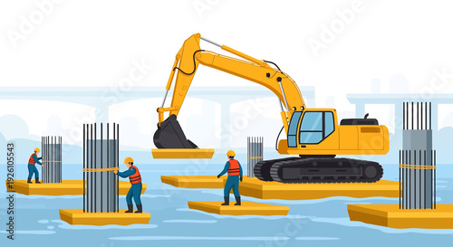 Construction site with excavator and workers building foundations.