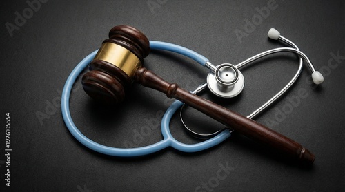 Close up gavel and stethoscope on black matte surface, legal responsibility for patient care and professional standards