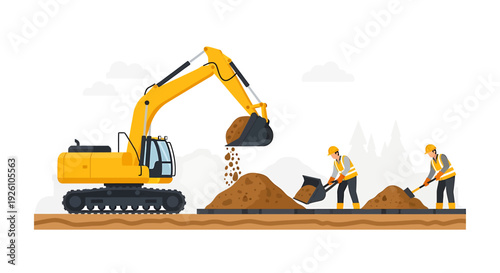 Construction site with excavator and workers digging dirt.