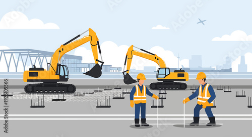 Construction site with excavators and workers.