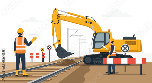 Construction worker and excavator on railway tracks.