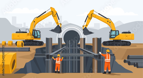 Construction site with excavators and workers building a tunnel.