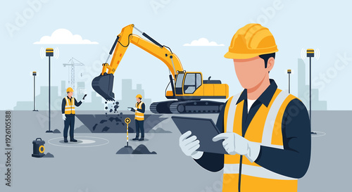 Construction worker in hard hat using tablet at site with excavator.