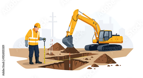 Construction worker and excavator digging a trench on site.