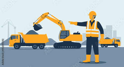 Construction worker directing heavy machinery on a site.