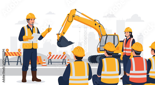 Construction worker training new employees on heavy machinery operation.