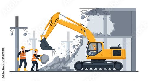 Construction workers and excavator demolish building structure.