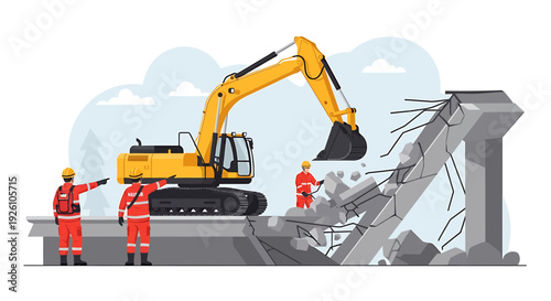 Construction workers and excavator demolishing concrete structure.
