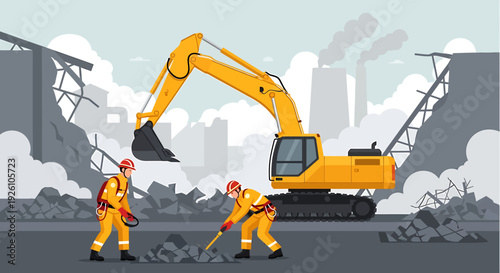 Construction workers and excavator in demolition site.