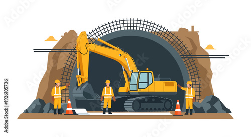 Construction workers and excavator in tunnel construction site.